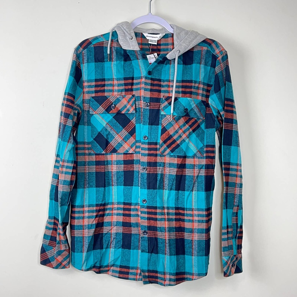 Eleven Paris Blue Columbia Plaid Hooded Shirt Jacket NWT Mens Size Medium - Picture 2 of 8